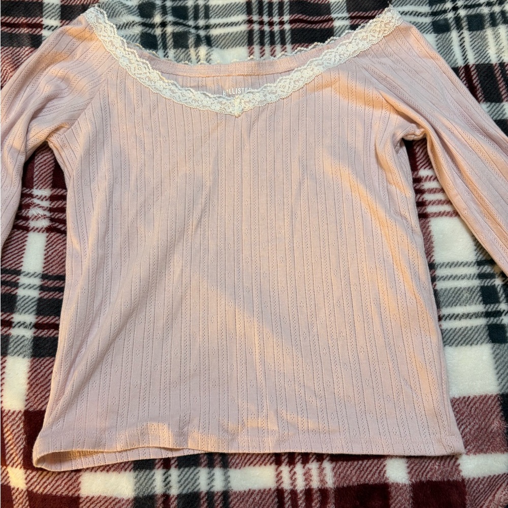 Hollister Blush Lace Trim Off the Shoulder Top